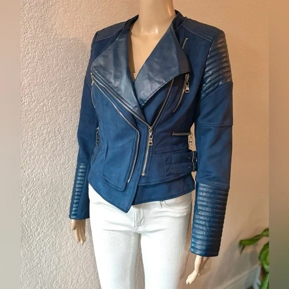 IVORY & CHAIN Women’s Navy Blue Moto-Style ‘Bessy Biker Jacket’ - NWOT - Picture 6 of 10